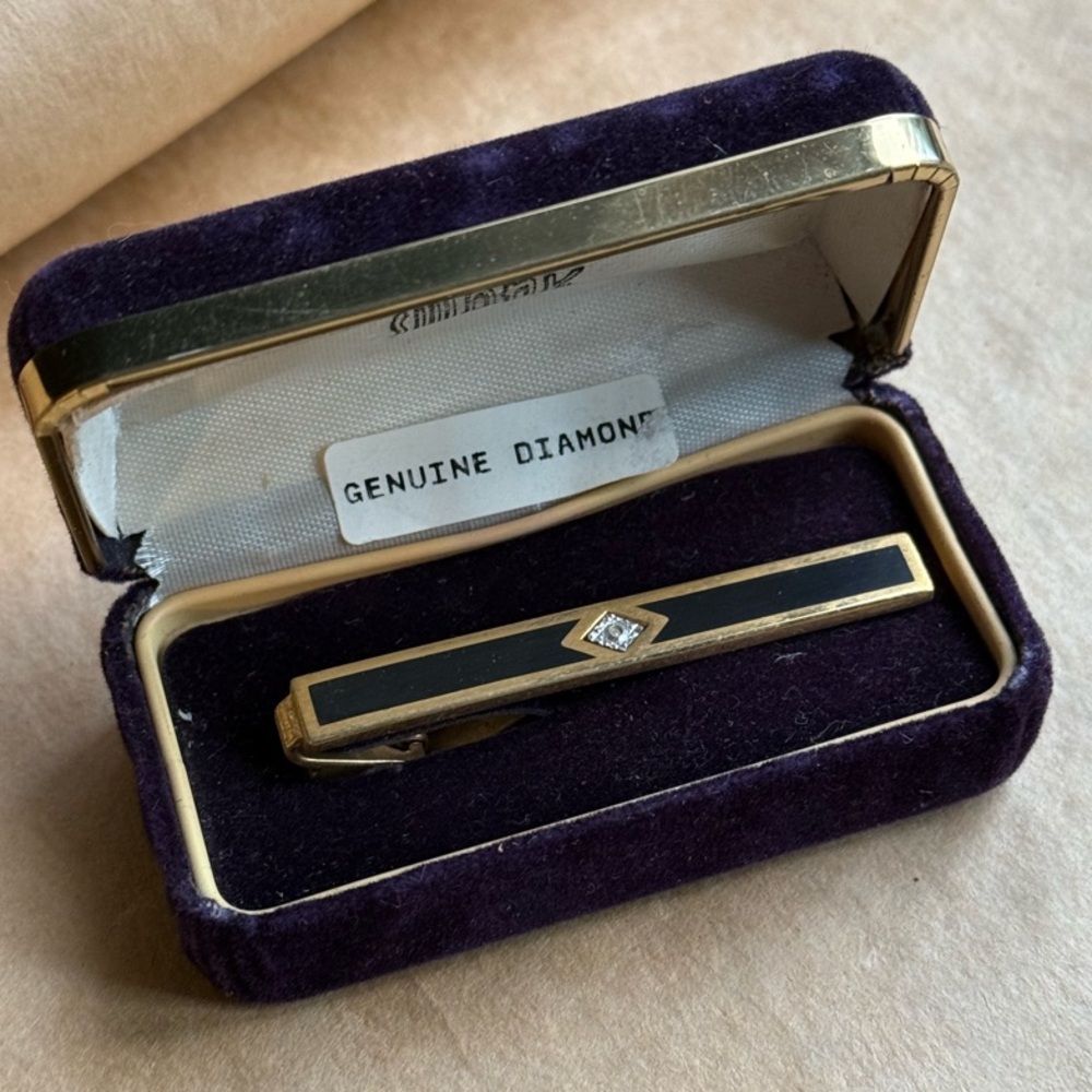 New Swank Elegant Gold and Black Tie Clip with Diamond